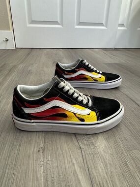 Vans Black Old Skool Sneakers with Red, Orange & Yellow Flame Graphic